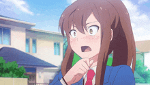 a girl with long brown hair and a blue jacket and red tie
