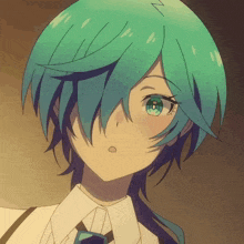 a close up of a person with blue hair