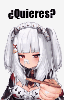 a girl with horns on her head is eating a piece of food and the words quieres are on the bottom