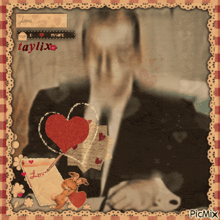 a man in a suit and tie is surrounded by hearts and a letter that says " love "