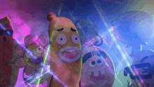 a group of cartoon characters including a flower and a banana are dancing in a dark room