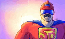 a cartoon drawing of a superhero with a sb logo on his chest