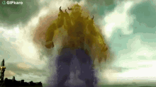 a giant monster with horns is surrounded by a purple smoke .
