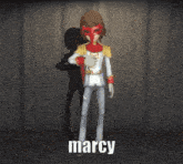 a cartoon character with a mask on his face and the name marcy on the bottom right .