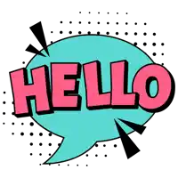 a blue and pink speech bubble with the word hello inside
