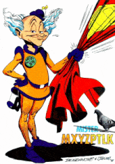 a comic book character named mister mxyzptlk holding a red cape