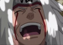 a close up of a man 's face with blood coming out of his eyes .