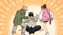 a girl in a pink jacket is standing next to a boy