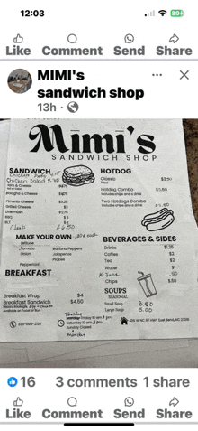 a menu for mimi 's sandwich shop is shown on a phone screen