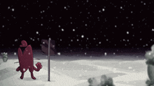 a cartoon character standing in the snow near a sign