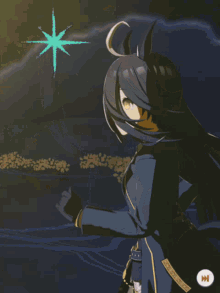 a cartoon drawing of a girl with long black hair and a star in the background