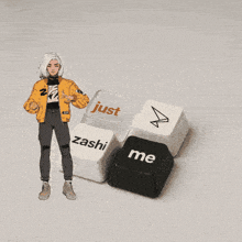 a girl in a yellow jacket is standing next to a key that says just