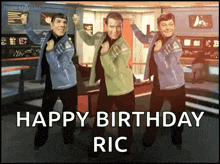 three men are dancing in a room with the words happy birthday ric on the bottom
