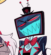 a cartoon character with a television head and a bow tie is standing next to another cartoon character .