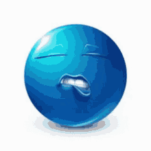 a blue smiley face with a surprised look on its face on a white background .