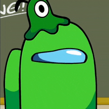 a green among us character is standing in front of a chalkboard that says jc