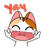 a cartoon cat is laughing with the word yay in the background