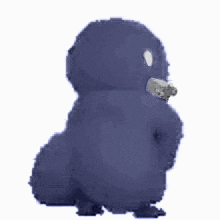 a purple stuffed animal is standing on a white background .
