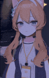 a girl with a lanyard around her neck has a name tag that says ' aoi '