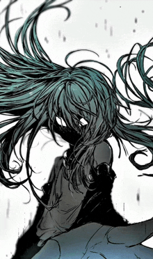 a drawing of a girl with long blue hair and a black jacket