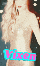 a woman in a dress with the word vixen written on it