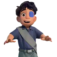 a cartoon character with a blue eye and a sash around his waist