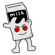 a cartoon drawing of a milk carton with red eyes and a face .