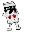 a cartoon drawing of a milk carton with red eyes and a face .