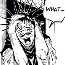 a black and white drawing of a man holding his head with a speech bubble that says what .