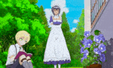 a girl in a maid outfit is standing next to a boy sitting on the grass .