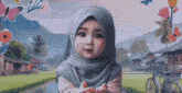 a little girl wearing a hijab is holding flowers in her hands .
