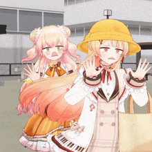 a girl in a yellow hat stands next to another girl in a white dress