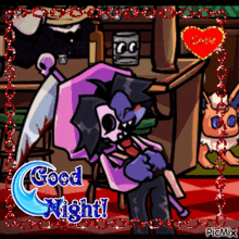 a cartoon character holding a bloody knife with the words good night written on it
