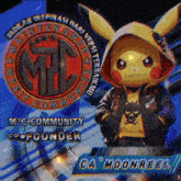 a picture of a pikachu wearing a hoodie with the name moonreel on the bottom