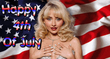 a woman in front of an american flag with the words happy 4th of july written on it