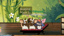 three cartoon mice are sitting on a chair with the name aveinz on the bottom