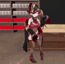 a girl in a pirate costume stands in front of a bookshelf