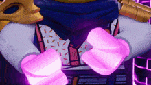 a close up of a lego figure with purple gloves on
