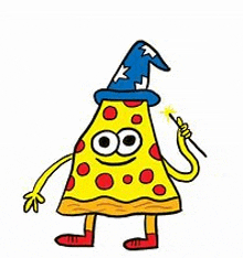 a cartoon of a pizza wearing a wizard hat and holding a wand .