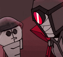 two cartoon characters are standing next to each other and one of them has a bandaged eye .