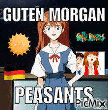 a picture of a girl with the words guten morgan peasants on it