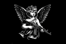 a black and white drawing of a cherub with wings holding a gun in front of the word nirvana