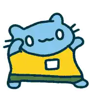 a cartoon drawing of a blue cat wearing a yellow shirt and green shorts .