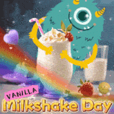 a vanilla milkshake day poster with a monster