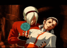 a cartoon character is holding another character 's arm