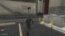 a screenshot of a video game shows a man standing on a fence