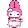 a pixel art of a pink bunny sitting on top of a pink teacup .
