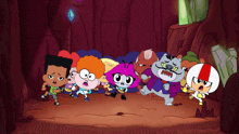 a group of cartoon characters are standing in a cave including a cat