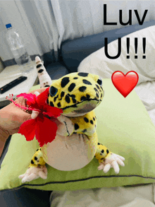 a stuffed animal with a flower around its neck and the words " luv u !!! " below it