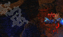 a map in a video game shows a cave with a red and blue monster